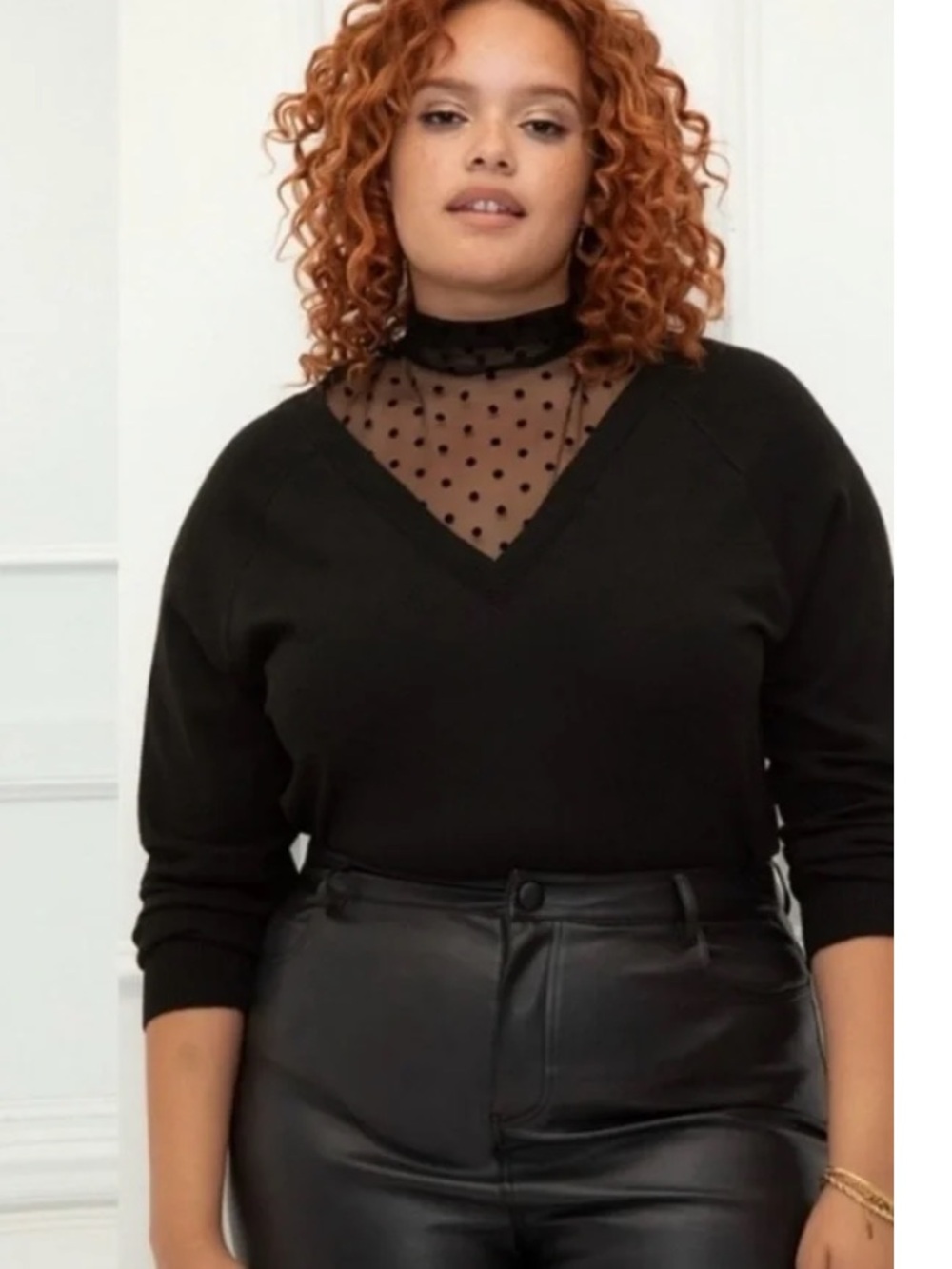 Eloquii NWT Black V-Neck Sweater with Sheer Polka Dot Size 22/24